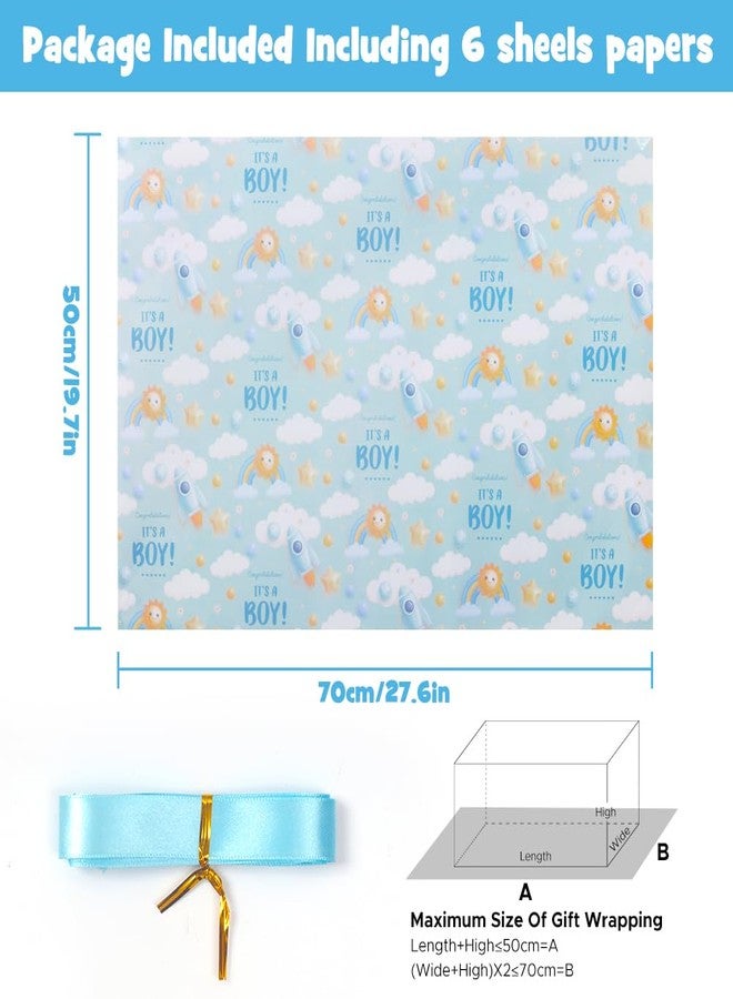 AirCool It's a Boy Wrapping Paper for Newborn baby boy Kids, Light Blue Gift Wrap Paper,6 Sheets Folded Flat 20x28 inches per Sheet with Ribbon for Baby Shower Birthday Celebration Gift Wrap - Image 2